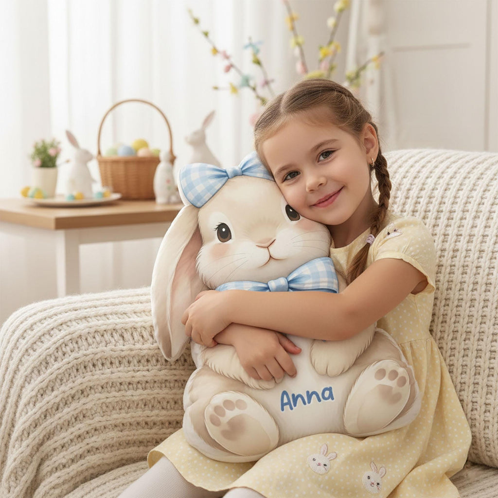 Personalized Bunny Pillow with Name, Custom Cute Rabbit Plush Cushion with Blue Bow, Easter Basket Gift, Spring Nursery Decor for Kids Room