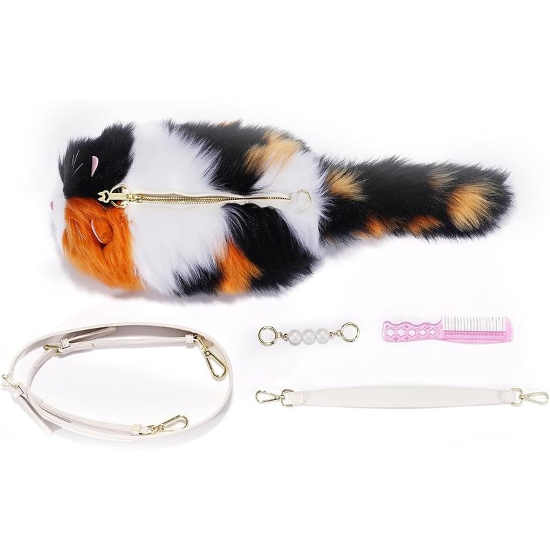 Cat Purse, Large Calico Cat Plush Shoulder Bag – Realistic Design, Soft and Fluffy – Wear as Crossbody, Handheld Purse, or Shoulder Bag – Unique Gift for Cat Lovers
