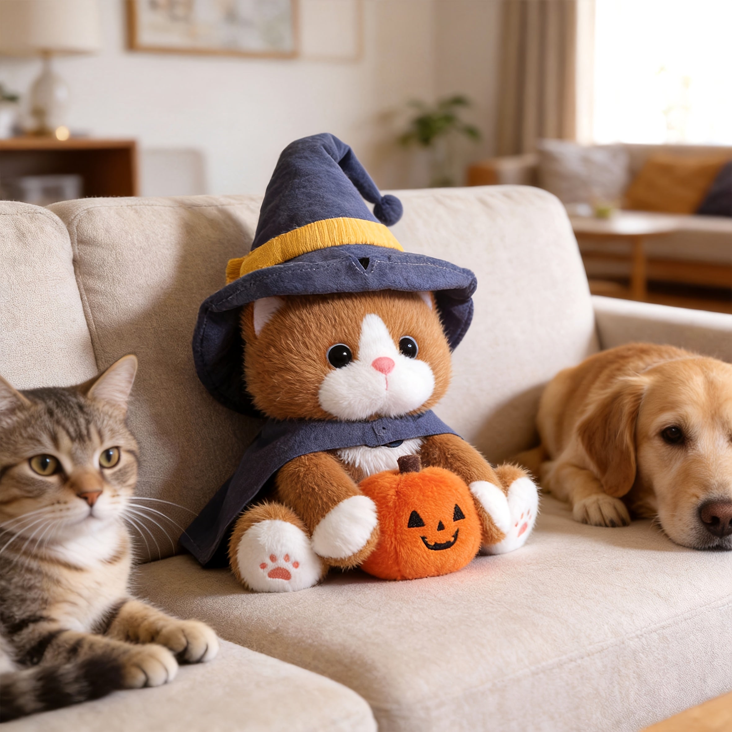 A Soft Toy Cat Adorned with a Wizard'S Hat And Clutching a Pumpkin, Incredibly Charming And Delightful. It Serves As The Perfect Companion for Your Pet, a Buddy for Your Furry, And an Ideal Doll for Engaging with Your Pet