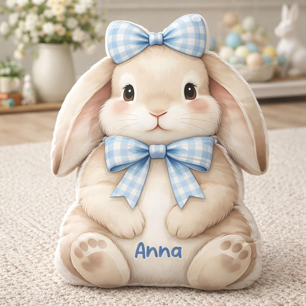 Personalized Bunny Pillow with Name, Custom Cute Rabbit Plush Cushion with Blue Bow, Easter Basket Gift, Spring Nursery Decor for Kids Room
