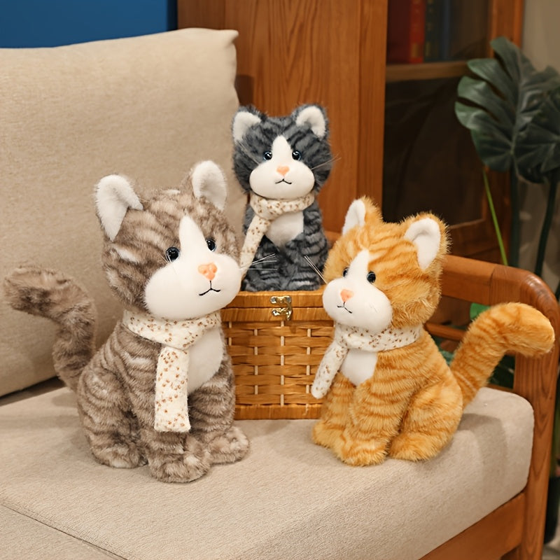 3 Colors Cute Scarf Kitten Plush Toy Set | Soft Stuffed Animal Dolls for Kids Gift Home Decor Brown Gray Orange Cat Plushies Christmas Birthday Present for Girls Boys