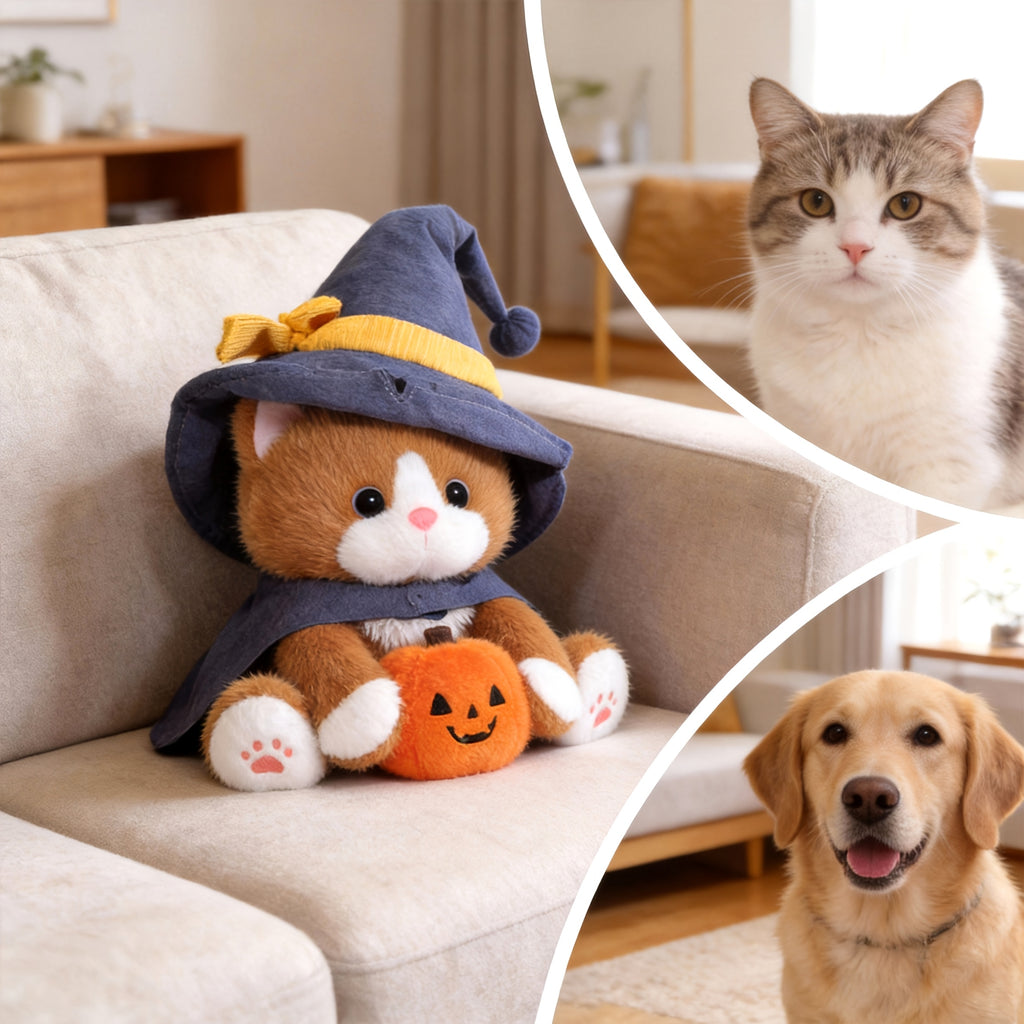 A Soft Toy Cat Adorned with a Wizard'S Hat And Clutching a Pumpkin, Incredibly Charming And Delightful. It Serves As The Perfect Companion for Your Pet, a Buddy for Your Furry, And an Ideal Doll for Engaging with Your Pet