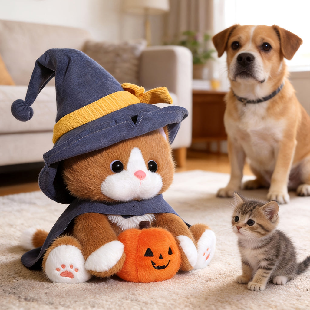 A Soft Toy Cat Adorned with a Wizard'S Hat And Clutching a Pumpkin, Incredibly Charming And Delightful. It Serves As The Perfect Companion for Your Pet, a Buddy for Your Furry, And an Ideal Doll for Engaging with Your Pet