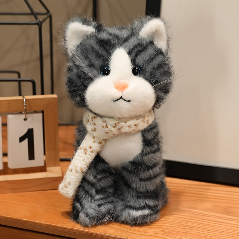 3 Colors Cute Scarf Kitten Plush Toy Set | Soft Stuffed Animal Dolls for Kids Gift Home Decor Brown Gray Orange Cat Plushies Christmas Birthday Present for Girls Boys