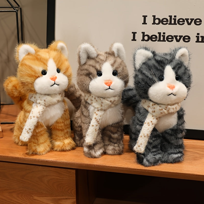 3 Colors Cute Scarf Kitten Plush Toy Set | Soft Stuffed Animal Dolls for Kids Gift Home Decor Brown Gray Orange Cat Plushies Christmas Birthday Present for Girls Boys