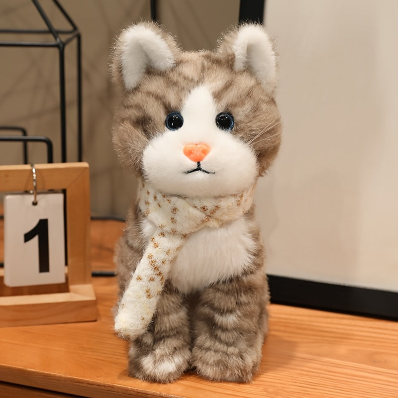 3 Colors Cute Scarf Kitten Plush Toy Set | Soft Stuffed Animal Dolls for Kids Gift Home Decor Brown Gray Orange Cat Plushies Christmas Birthday Present for Girls Boys