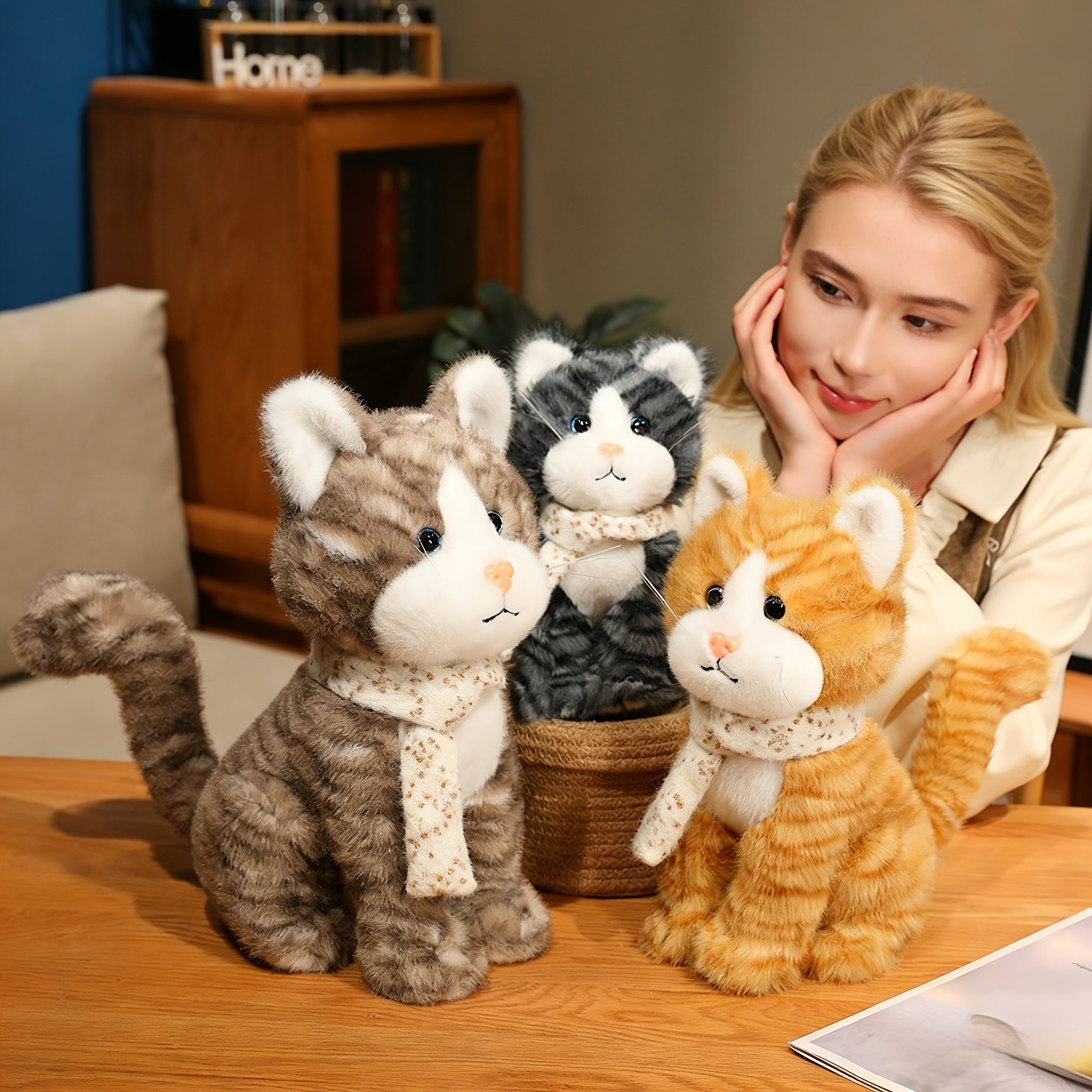 3 Colors Cute Scarf Kitten Plush Toy Set | Soft Stuffed Animal Dolls for Kids Gift Home Decor Brown Gray Orange Cat Plushies Christmas Birthday Present for Girls Boys
