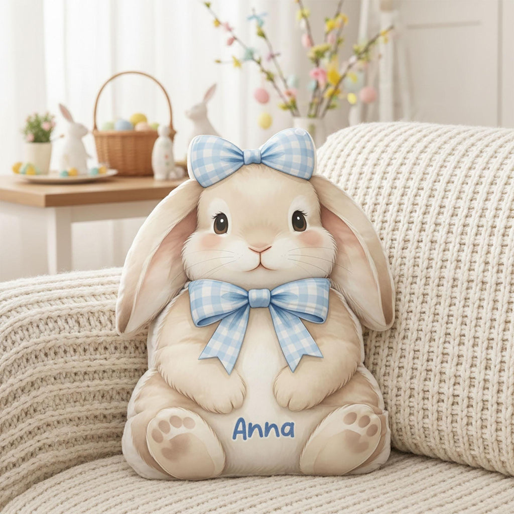 Personalized Bunny Pillow with Name, Custom Cute Rabbit Plush Cushion with Blue Bow, Easter Basket Gift, Spring Nursery Decor for Kids Room