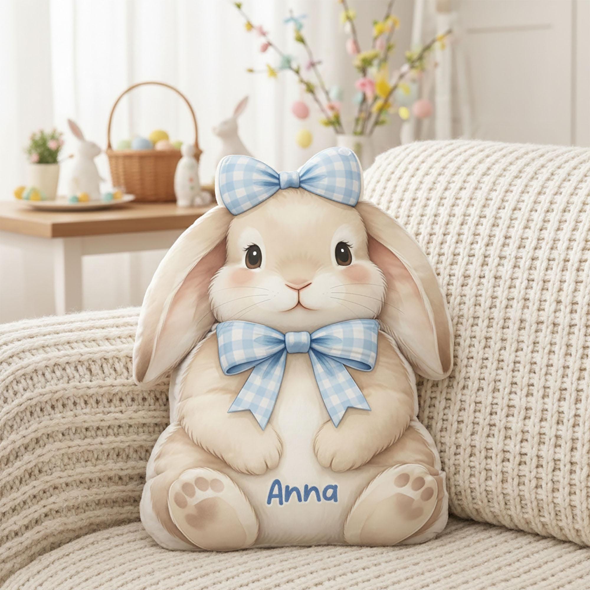 Personalized Bunny Pillow with Name, Custom Cute Rabbit Plush Cushion with Blue Bow, Easter Basket Gift, Spring Nursery Decor for Kids Room