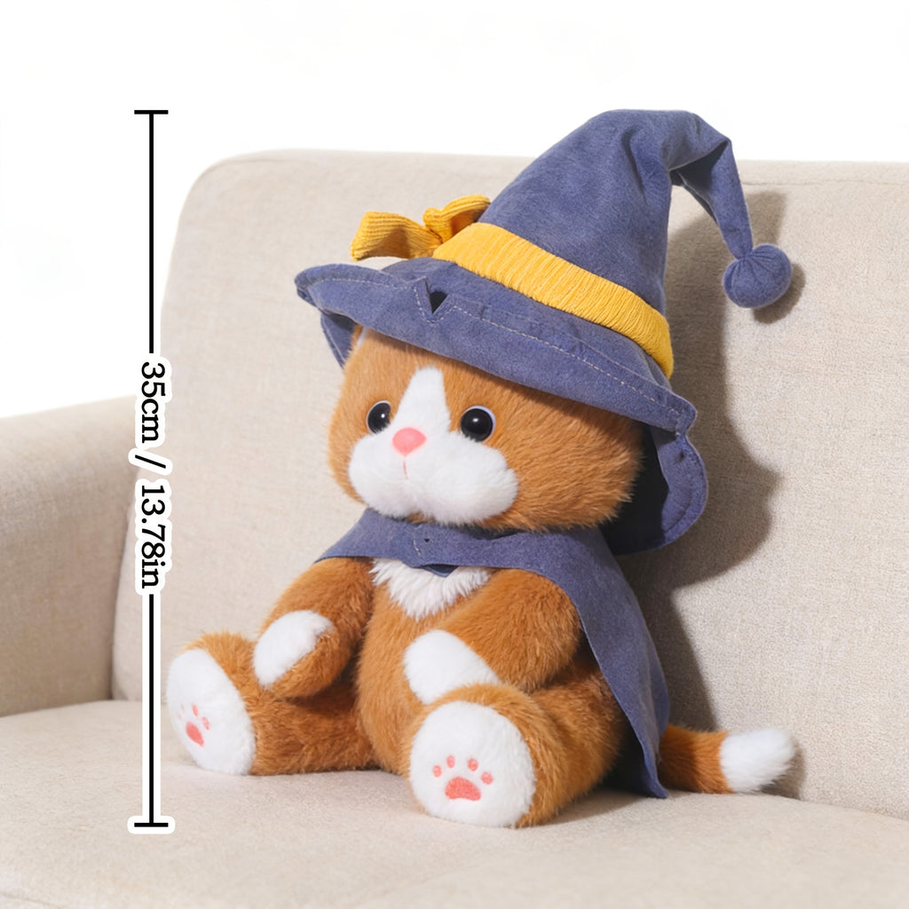 A Soft Toy Cat Adorned with a Wizard'S Hat And Clutching a Pumpkin, Incredibly Charming And Delightful. It Serves As The Perfect Companion for Your Pet, a Buddy for Your Furry, And an Ideal Doll for Engaging with Your Pet